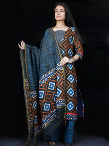 Indigo Rust Ivory Chanderi Block Printed Suit Set - Set of 3 - SS01F027