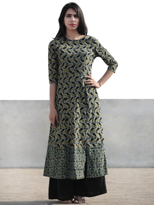 Green Black Indigo Hand Printed Ajrakh Kurta With Front Slit - K60F1174