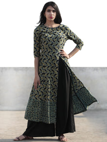 Green Black Indigo Hand Printed Ajrakh Kurta With Front Slit - K60F1174