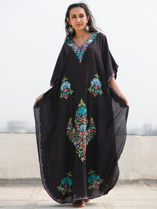 Black Aari Embroidered Kashmere Free Size Kaftan in Crushed Cotton - K11K069