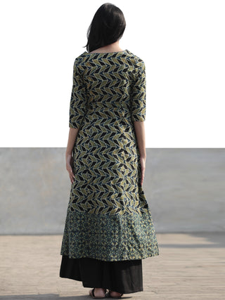 Green Black Indigo Hand Printed Ajrakh Kurta With Front Slit - K60F1174