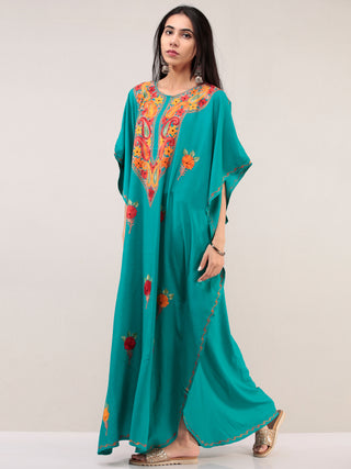 Turquoise Aari Embroidered Kashmere Free Size Kaftan  - K12K054