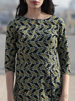 Green Black Indigo Hand Printed Ajrakh Kurta With Front Slit - K60F1174