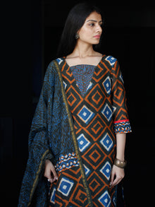 Indigo Rust Ivory Chanderi Block Printed Suit Set - Set of 3 - SS01F027