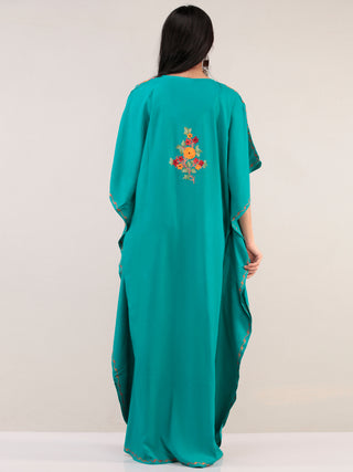 Turquoise Aari Embroidered Kashmere Free Size Kaftan  - K12K054