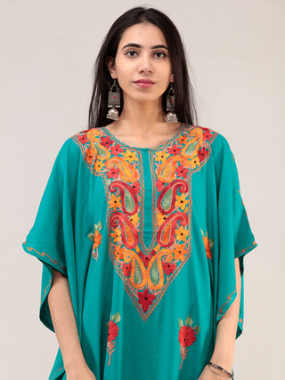 Turquoise Aari Embroidered Kashmere Free Size Kaftan  - K12K054