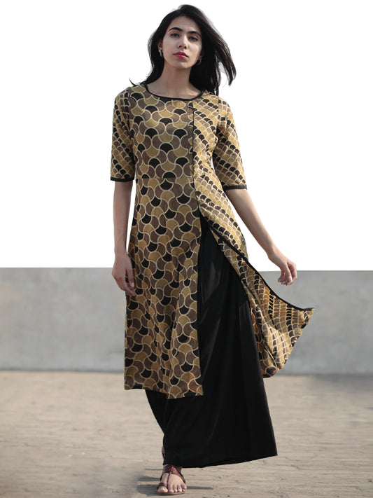 Light Brown Black Olive Green Hand Printed Ajrakh Kurta With Front Slit - K61F1186