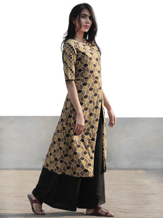 Light Brown Black Olive Green Hand Printed Ajrakh Kurta With Front Slit - K61F1186