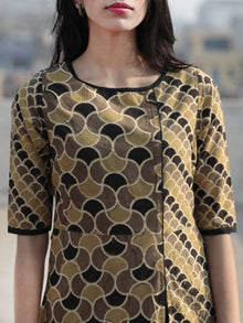 Light Brown Black Olive Green Hand Printed Ajrakh Kurta With Front Slit - K61F1186