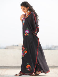 Black  Multicolor Aari Embroidered Kashmere Free Size Kaftan in Crushed Cotton - K11K070