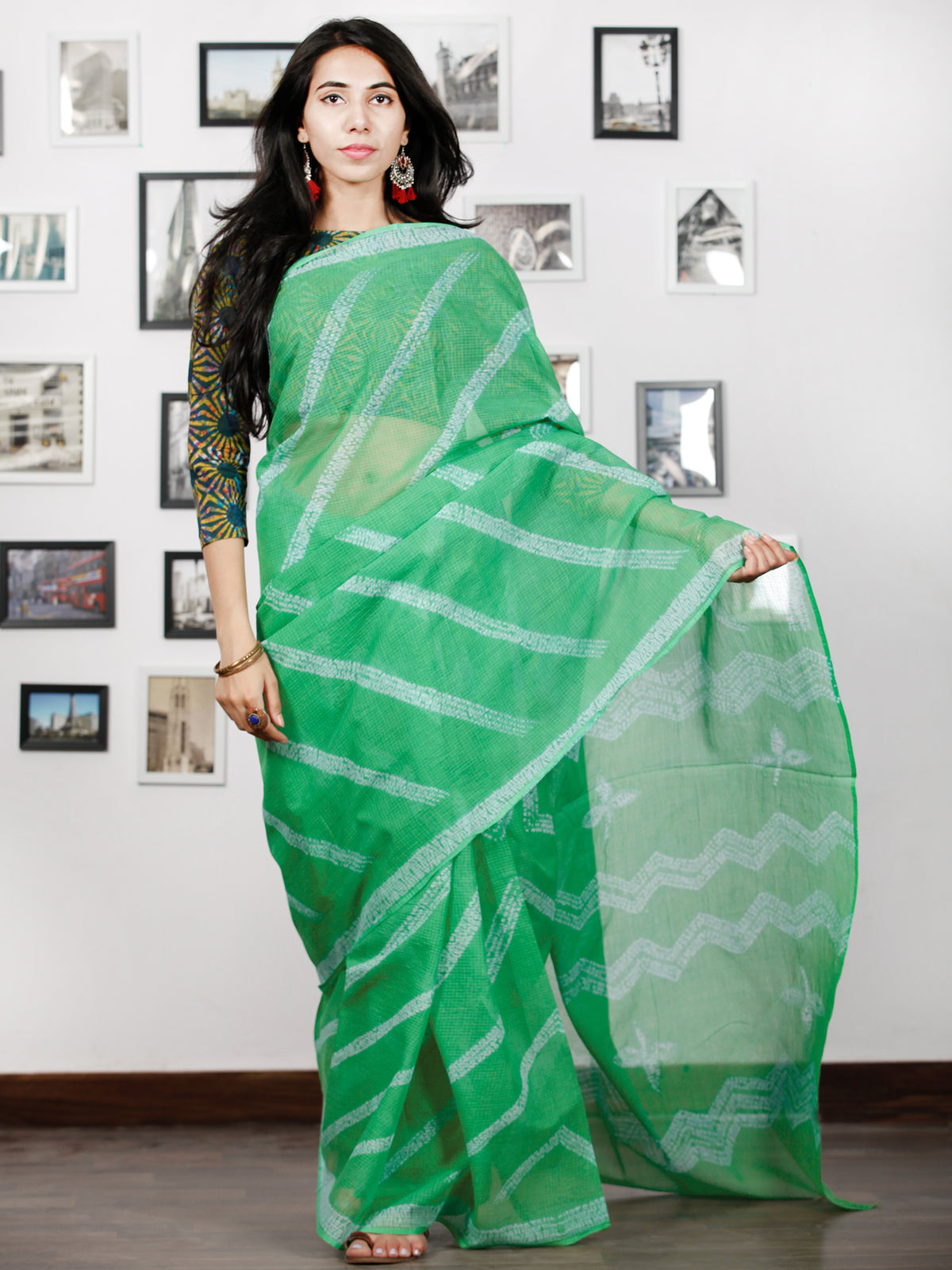 Green White Shibori Hand Block Printed Kota Doria Saree in Natural Colors - S031702877