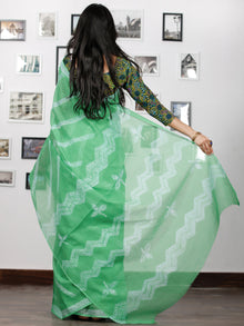 Green White Shibori Hand Block Printed Kota Doria Saree in Natural Colors - S031702877