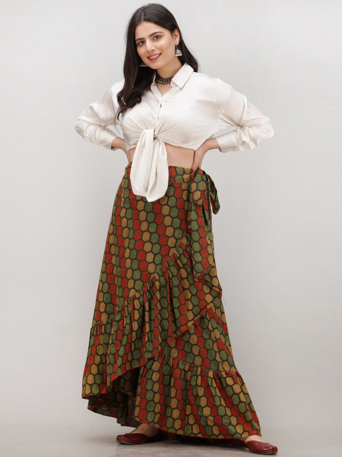 Green Mustard Rust Ajrakh Hand Block Printed Frill Wrap Around Skirt  - S403BP631