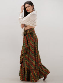 Green Mustard Rust Ajrakh Hand Block Printed Frill Wrap Around Skirt  - S403BP631