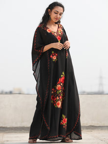 Black Multicolor Aari Embroidered Kashmere Free Size Kaftan in Crushed Cotton - K11K071