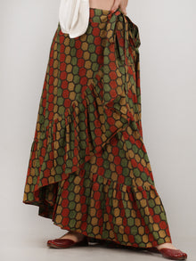 Green Mustard Rust Ajrakh Hand Block Printed Frill Wrap Around Skirt  - S403BP631