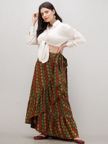 Green Mustard Rust Ajrakh Hand Block Printed Frill Wrap Around Skirt  - S403BP631