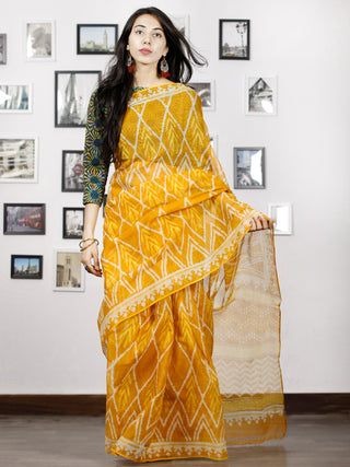 Yellow Bright Yellow Ivory Hand Block Printed Kota Doria Saree in Natural Colors - S031702889