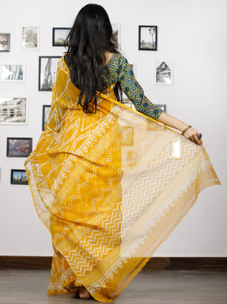 Yellow Bright Yellow Ivory Hand Block Printed Kota Doria Saree in Natural Colors - S031702889