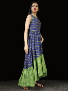 Indigo Green Ivory Hand Woven Ikat Asymmetric Sleeveless Dress - D311F1744