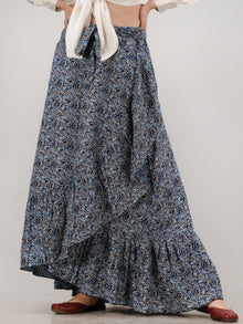 Blue Black Grey Hand Block Printed Frill Wrap Around Skirt  - S403F676