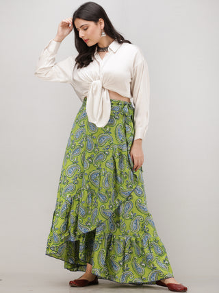Green Blue Hand Block Printed Frill Wrap Around Skirt  - S403F2034
