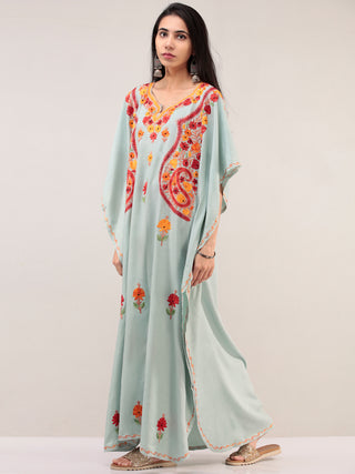 Pastel Green Aari Embroidered Kashmere Free Size Kaftan  - K12K059