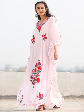 White MultiColor Aari Embroidered Kashmere Free Size Kaftan in Crushed Cotton - K11K074