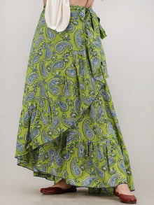 Green Blue Hand Block Printed Frill Wrap Around Skirt  - S403F2034