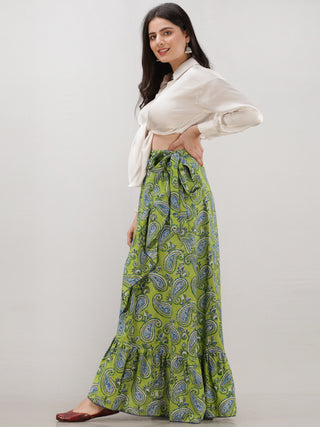 Green Blue Hand Block Printed Frill Wrap Around Skirt  - S403F2034