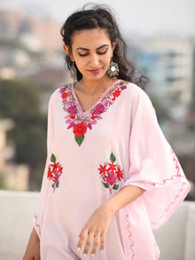 White MultiColor Aari Embroidered Kashmere Free Size Kaftan in Crushed Cotton - K11K074