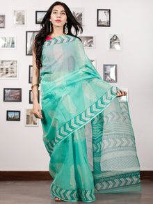 Sea Green White Hand Block Printed Kota Doria Saree in Natural Colors - S031702882