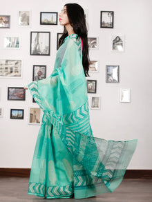 Sea Green White Hand Block Printed Kota Doria Saree in Natural Colors - S031702882