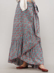 Pink Blue Hand Block Printed Frill Wrap Around Skirt  - S403F2045
