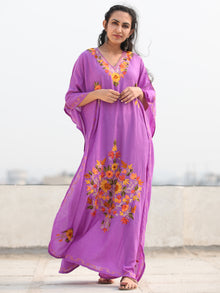 Mauve Multicolor Aari Embroidered Kashmere Free Size Kaftan in Crushed Cotton - K11K075