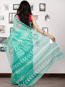Sea Green White Hand Block Printed Kota Doria Saree in Natural Colors - S031702882