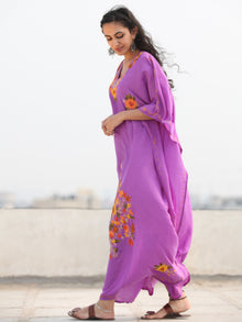 Mauve Multicolor Aari Embroidered Kashmere Free Size Kaftan in Crushed Cotton - K11K075
