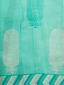 Sea Green White Hand Block Printed Kota Doria Saree in Natural Colors - S031702882