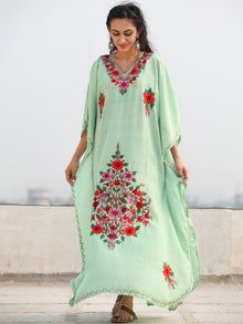 Light Green Multicolor Aari Embroidered Kashmere Free Size Kaftan in Crushed Cotton - K11K076