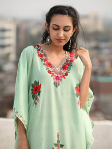 Light Green Multicolor Aari Embroidered Kashmere Free Size Kaftan in Crushed Cotton - K11K076