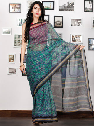 Teal Green Indigo Black Ivory Hand Block Printed Kota Doria Saree in Natural Colors - S031702849