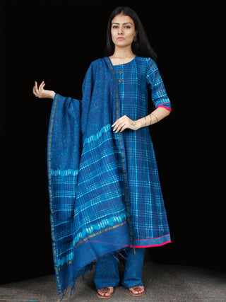 Indigo Blue Chanderi Block Printed Suit Set - Set of 3 - SS01F004