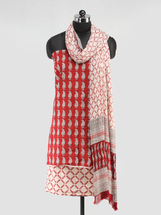 Brick Red Off White Bagh Hand Block Printed Cotton Suit-Salwar Fabric With Chiffon Dupatta (Set of 3) - SU01HB407