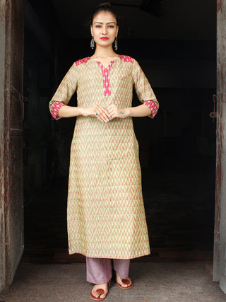 Green Lavender Pink Silk Cotton Ikat Kurta & Pants (Set of 2) - SS01F1272