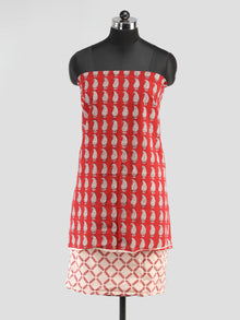 Brick Red Off White Bagh Hand Block Printed Cotton Suit-Salwar Fabric With Chiffon Dupatta (Set of 3) - SU01HB407
