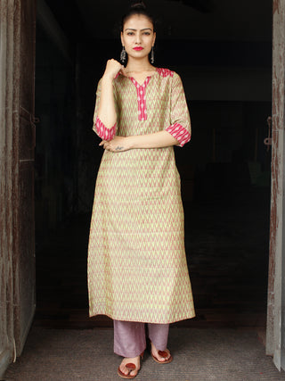 Green Lavender Pink Silk Cotton Ikat Kurta & Pants (Set of 2) - SS01F1272
