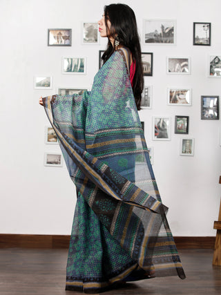 Teal Green Indigo Black Ivory Hand Block Printed Kota Doria Saree in Natural Colors - S031702849