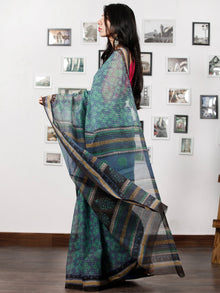 Teal Green Indigo Black Ivory Hand Block Printed Kota Doria Saree in Natural Colors - S031702849
