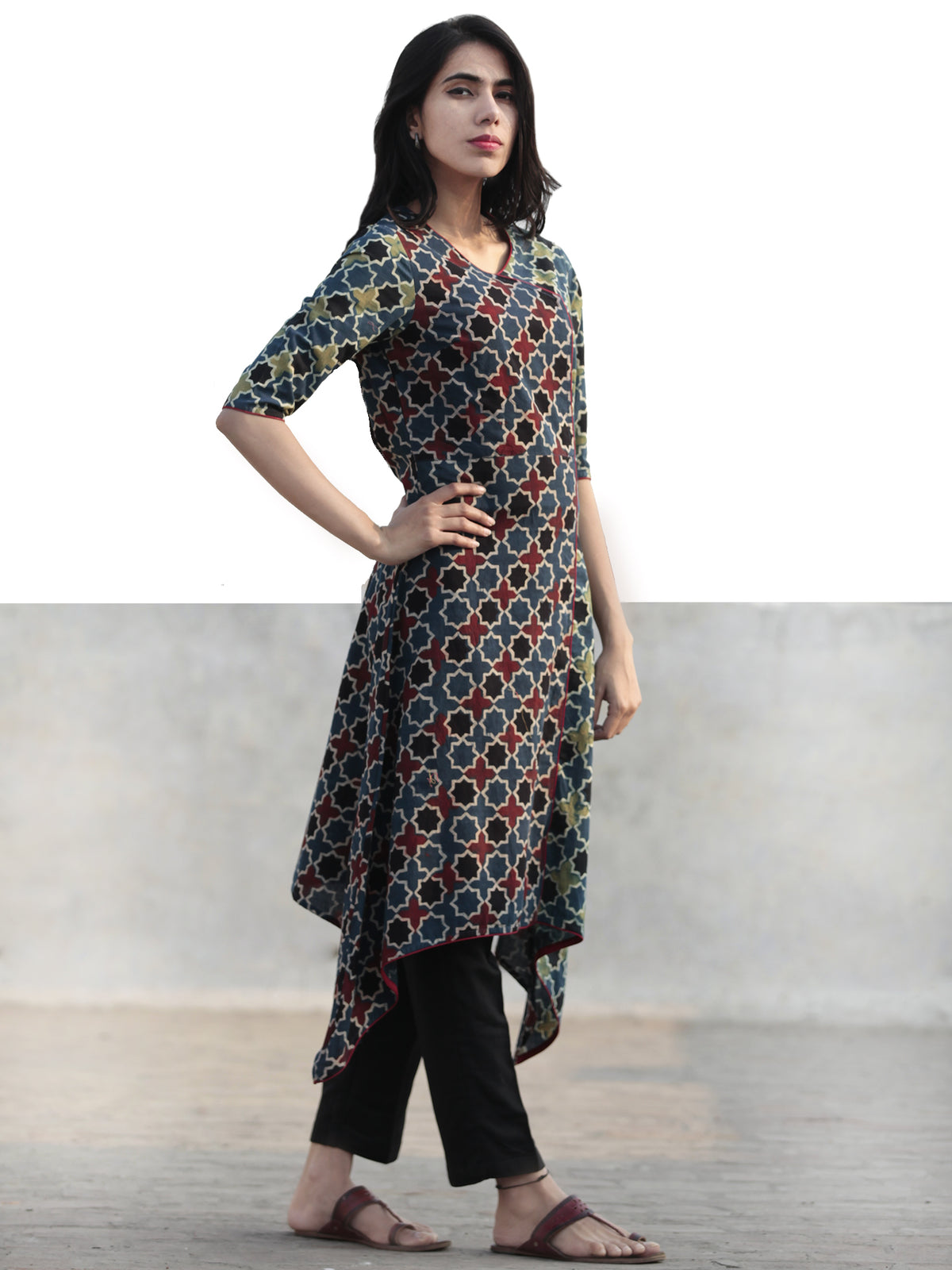Green Indigo Black Red Hand Printed Ajrakh Kurta - K50F1162