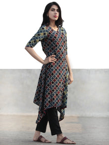 Green Indigo Black Red Hand Printed Ajrakh Kurta - K50F1162